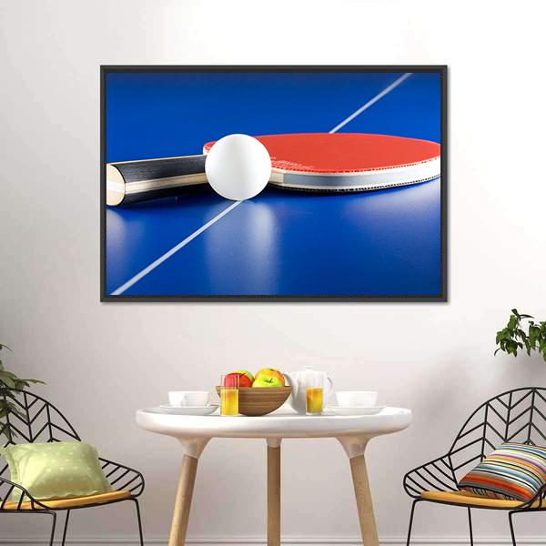 Table Tennis Racket & Ball Canvas Wall Art in white, red and blue, framed canvas, product view on a white background
