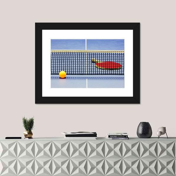Table Tennis Racket Ball Table With Net Canvas Wall Art-1 Piece-Framed Print-20" x 16"-Tiaracle