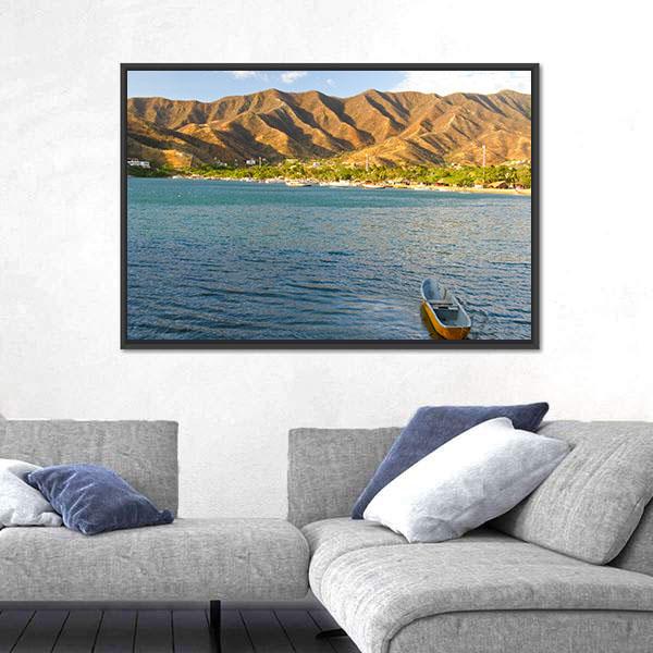 Taganga Bay Colombia Canvas Wall Art-1 Piece-Floating Frame-24" x 16"-Tiaracle
