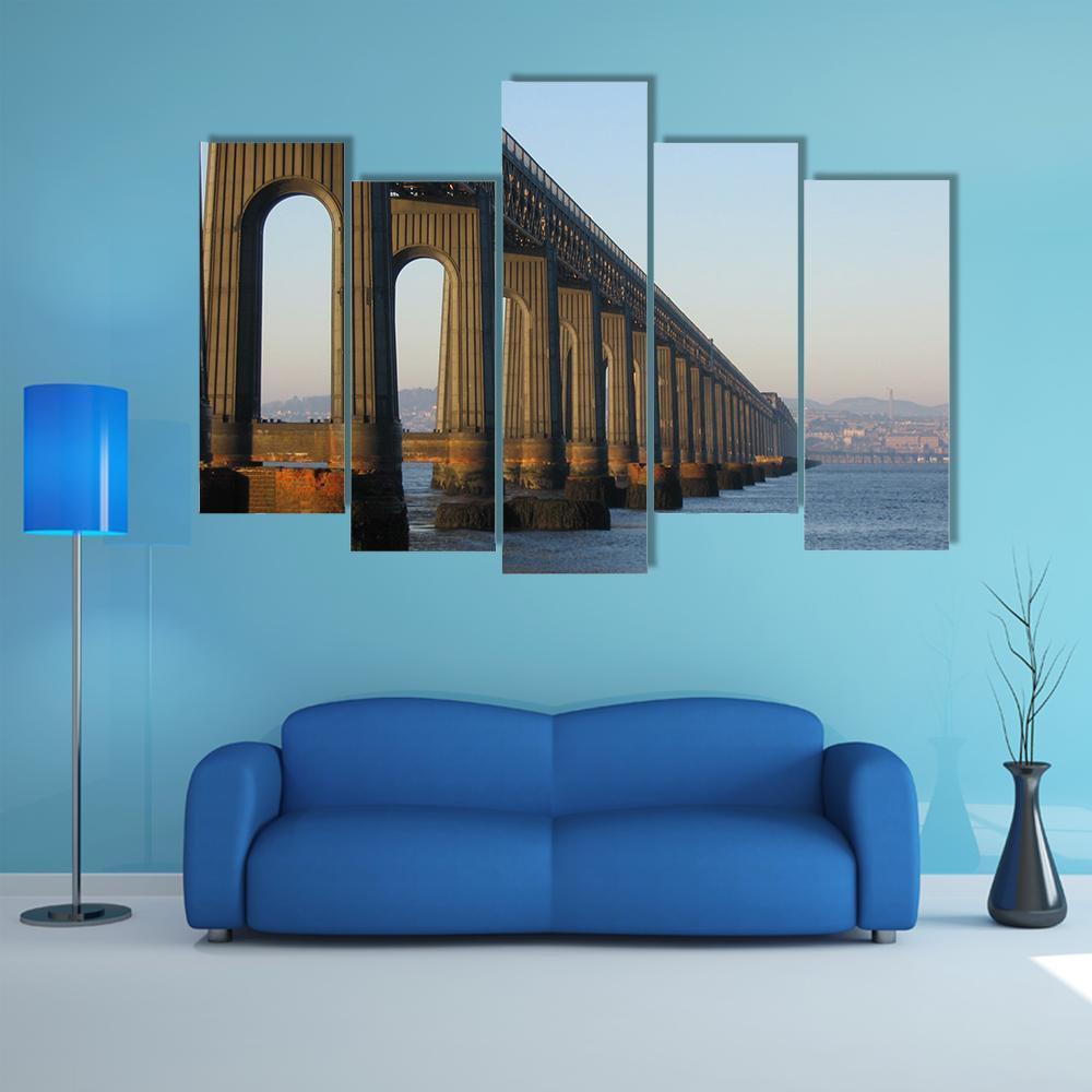 Tail Rail Bridge And Dundee From Fife Canvas Wall Art-5 Pop-Gallery Wrap-47" x 32"-Tiaracle