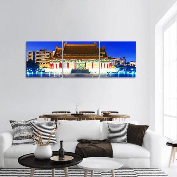 Taipei National Theater Night Skyline Panoramic Canvas Wall Art in gold, yellow and blue, hung on a wall