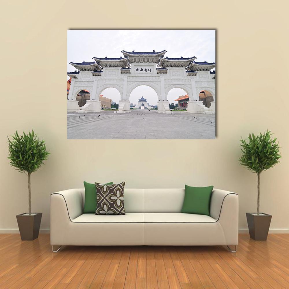 Taiwan Democracy Memorial Hall Canvas Wall Art in white, gray and blue, single panel hung on a wall