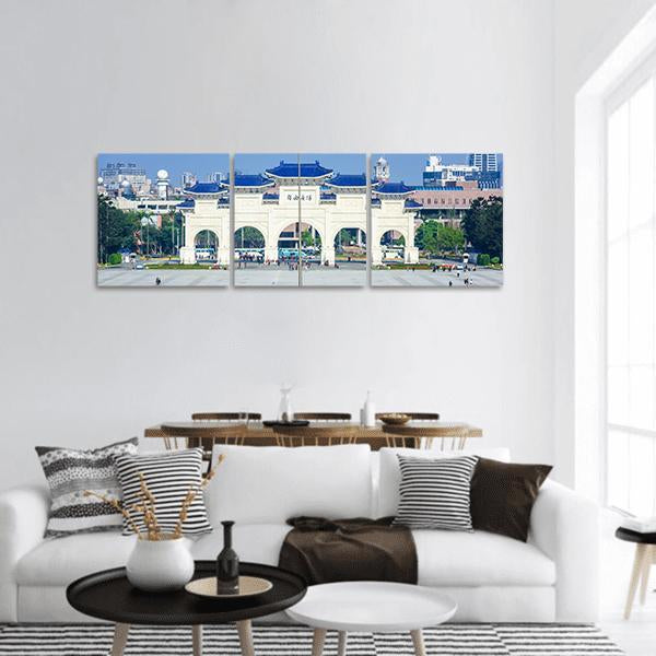 Democracy Memorial Hall in Taipei Panoramic Canvas Wall Art in white, gray and blue, hung on a wall