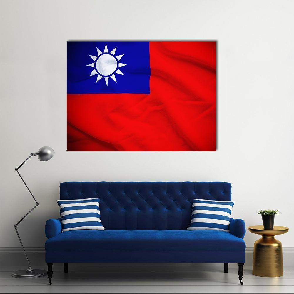 Taiwan Flag with White Sun Canton Canvas Wall Art in white, red and blue, single panel hung on a wall