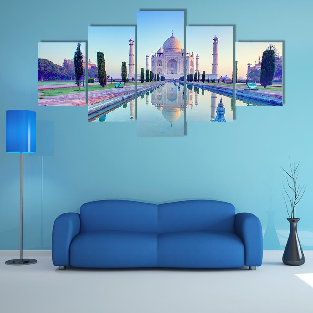 Taj Mahal At Sunrise Canvas Wall Art-5 Star-Gallery Wrap-62" x 32"-Tiaracle