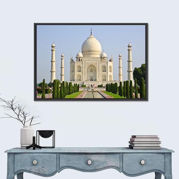 Taj Mahal Faces Green Lawn Canvas Wall Art-3 Horizontal-Gallery Wrap-25" x 16"-Tiaracle