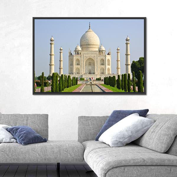 Taj Mahal Faces Green Lawn Canvas Wall Art-1 Piece-Floating Frame-24" x 16"-Tiaracle