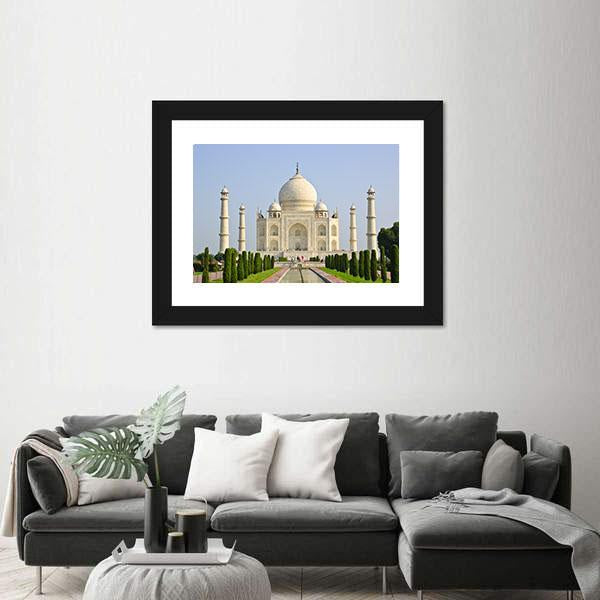 Taj Mahal Faces Green Lawn Canvas Wall Art-1 Piece-Framed Print-20" x 16"-Tiaracle