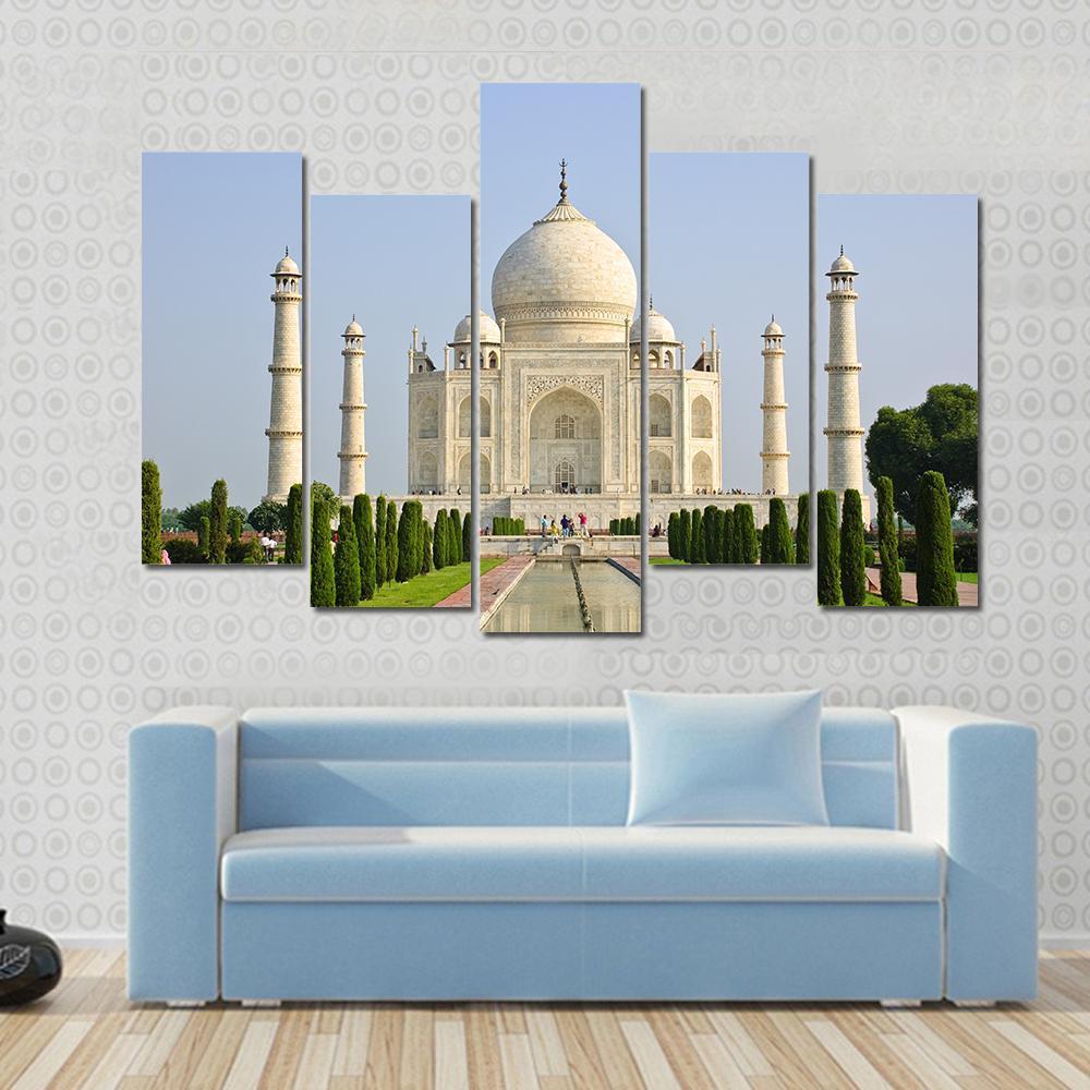 Taj Mahal Faces Green Lawn Canvas Wall Art-5 Pop-Gallery Wrap-47" x 32"-Tiaracle