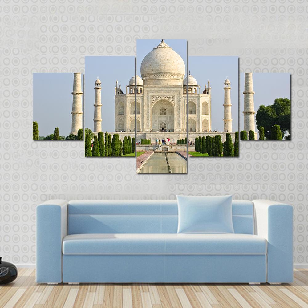 Taj Mahal Faces Green Lawn Canvas Wall Art-5 Star-Gallery Wrap-62" x 32"-Tiaracle