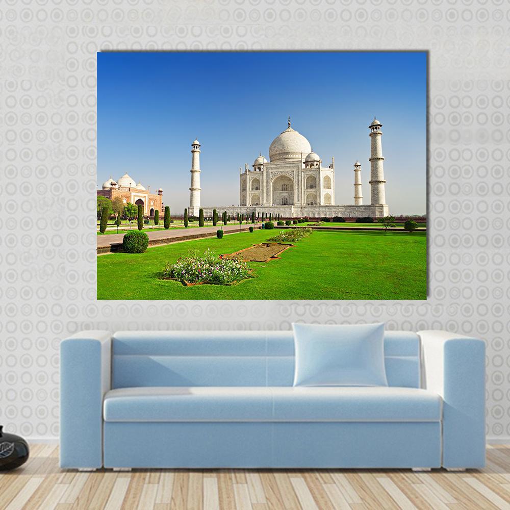 Taj Mahal in Agra India Canvas Wall Art in white, green and blue, single panel hung on a wall