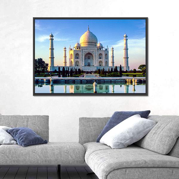 Taj Mahal In Early Morning Canvas Wall Art-1 Piece-Floating Frame-24" x 16"-Tiaracle