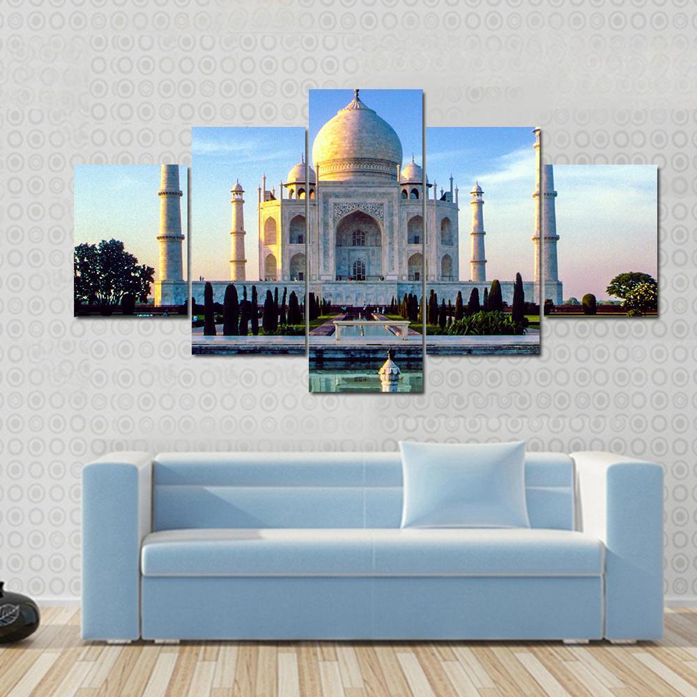 Taj Mahal In Early Morning Canvas Wall Art-5 Star-Gallery Wrap-62" x 32"-Tiaracle