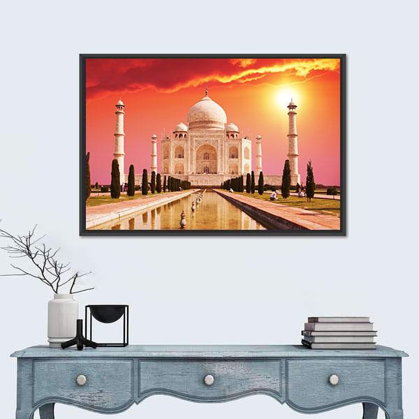 Taj Mahal Palace Canvas Wall Art in red, orange and yellow, framed canvas, product view on a white background