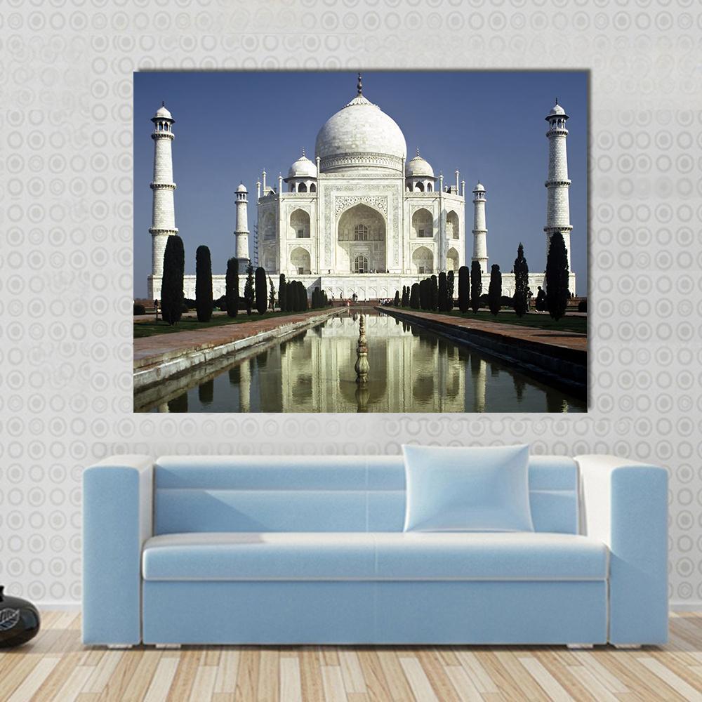 Morning at the Taj Mahal Canvas Wall Art in white, brown and blue, single panel hung on a wall