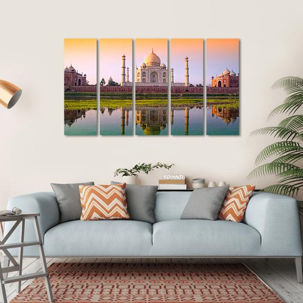Taj Mahal With Tricolor Canvas Wall Art-5 Horizontal-Gallery Wrap-22" x 12"-Tiaracle