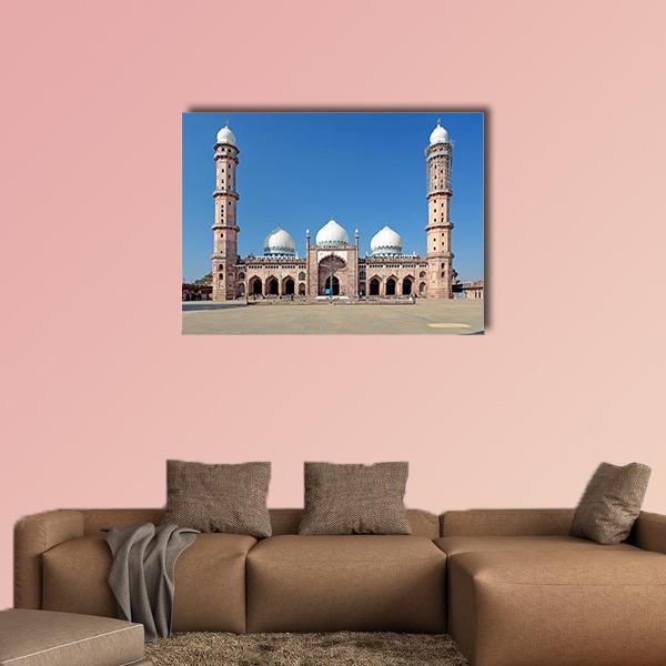 Taj-ul Masjid, India Canvas Wall Art in white, blue and pink, single panel hung on a wall