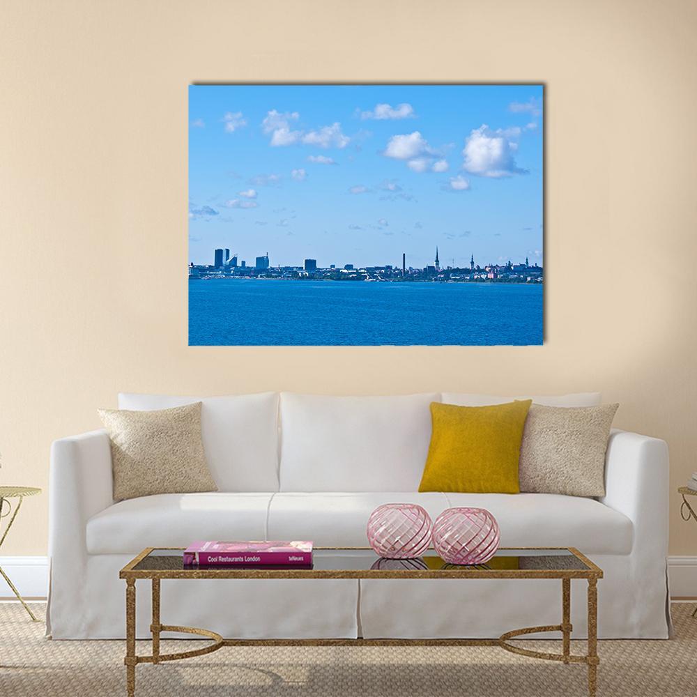 Tallinn from the Sea Canvas Wall Art in white and blue, single panel hung on a wall