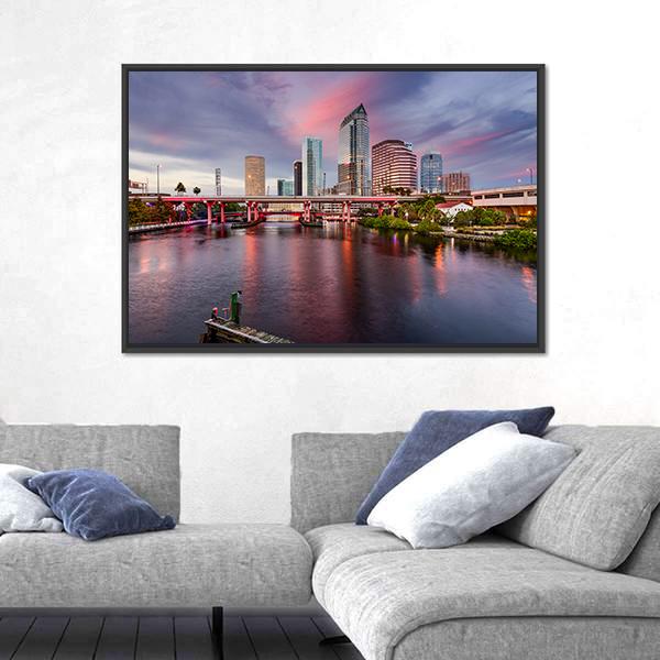Tampa Downtown City Skyline In Florida Panoramic Canvas Wall Art-1 Piece-36" x 12"-Tiaracle