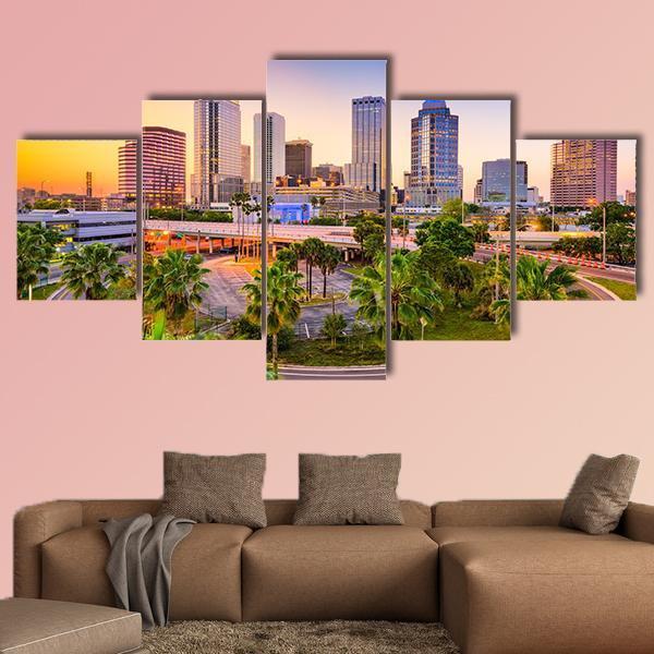 Tampa Downtown Skyline Canvas Wall Art-5 Star-Gallery Wrap-62&quot; x 32&quot;-Tiaracle