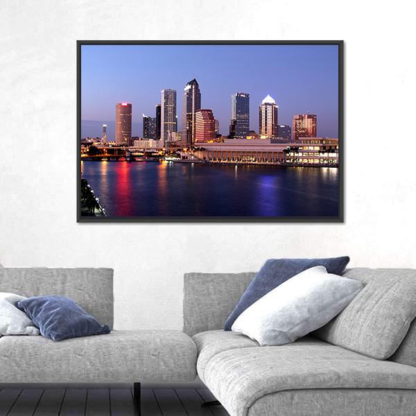 Tampa Skyline Canvas Wall Art in blue and purple, framed canvas, product view on a white background