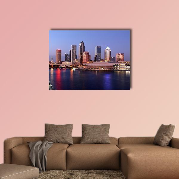 Tampa Skyline Canvas Wall Art in blue and purple, single panel hung on a wall