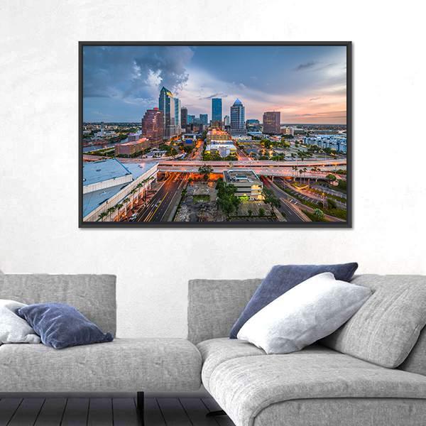 Tampa Skyline On The Bay Canvas Wall Art-1 Piece-Floating Frame-24" x 16"-Tiaracle