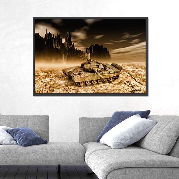 Tank in War Canvas Wall Art in black, beige and brown, framed canvas, product view on a white background