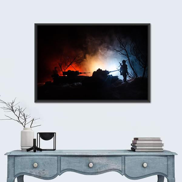 Tank Under The Snow At Night Canvas Wall Art-3 Horizontal-Gallery Wrap-25" x 16"-Tiaracle