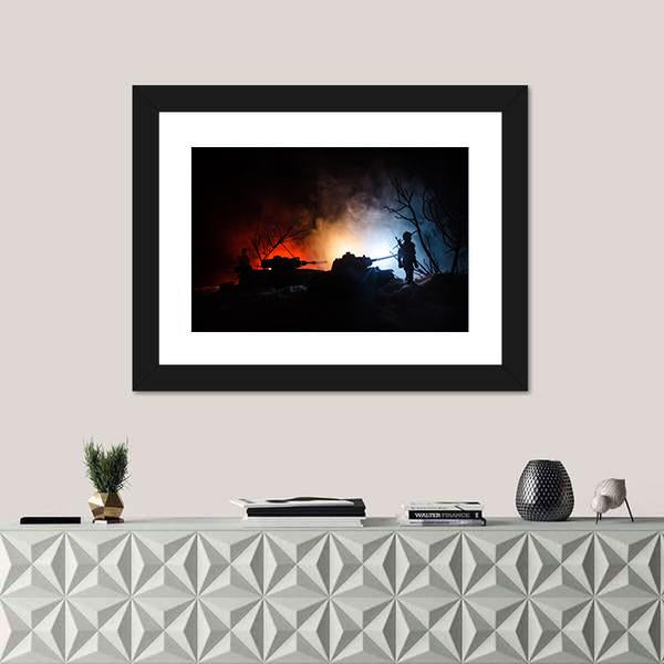 Tank Under The Snow At Night Canvas Wall Art-3 Horizontal-Gallery Wrap-25" x 16"-Tiaracle
