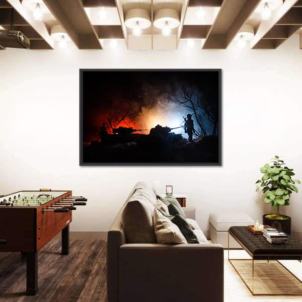 Tank Under The Snow At Night Canvas Wall Art-3 Horizontal-Gallery Wrap-25" x 16"-Tiaracle