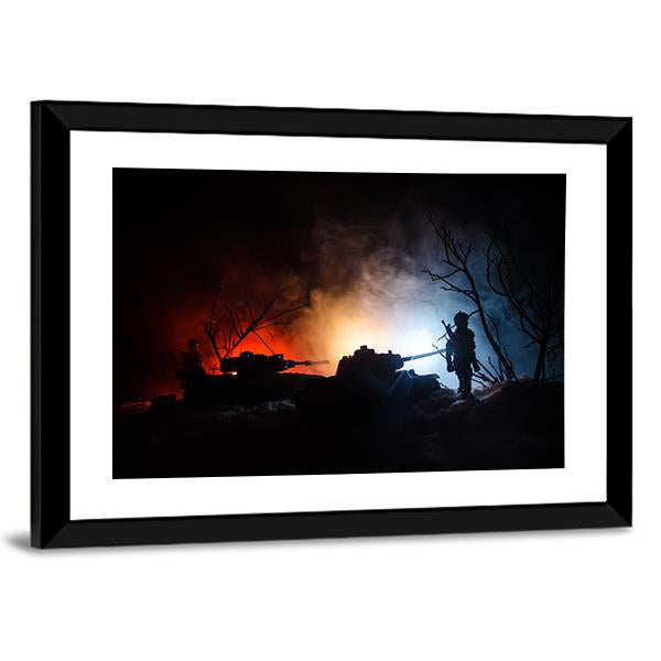 Tank Under The Snow At Night Canvas Wall Art-3 Horizontal-Gallery Wrap-25" x 16"-Tiaracle