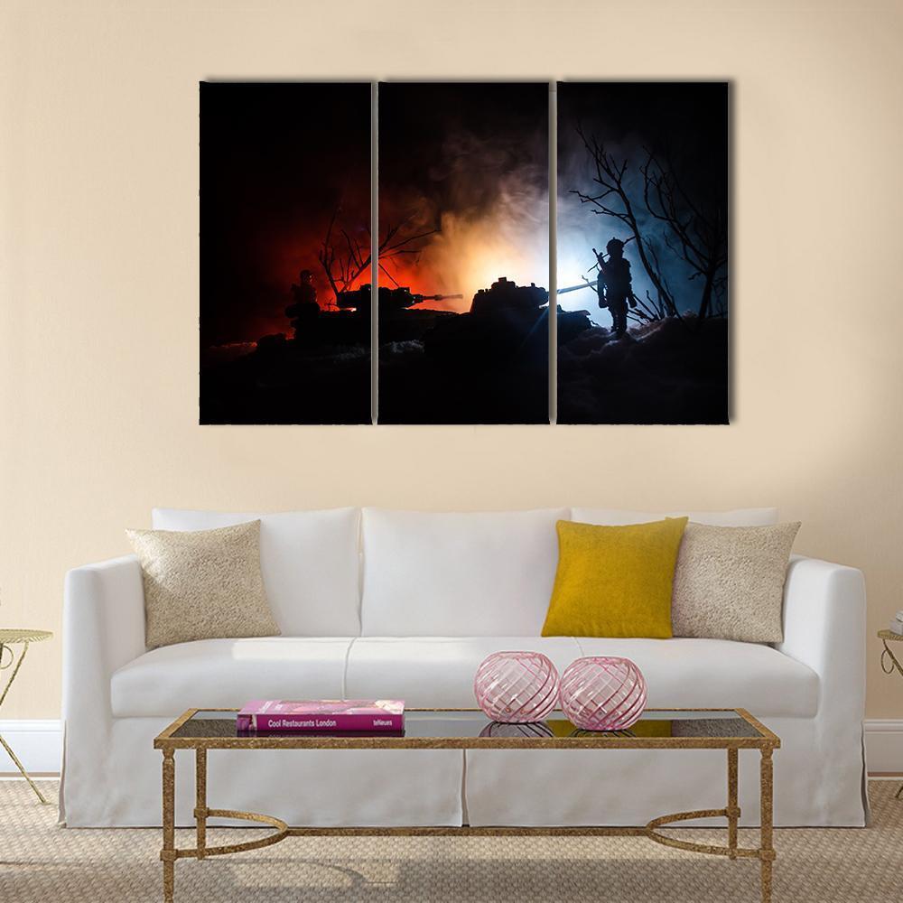 Tank Under The Snow At Night Canvas Wall Art-3 Horizontal-Gallery Wrap-37" x 24"-Tiaracle