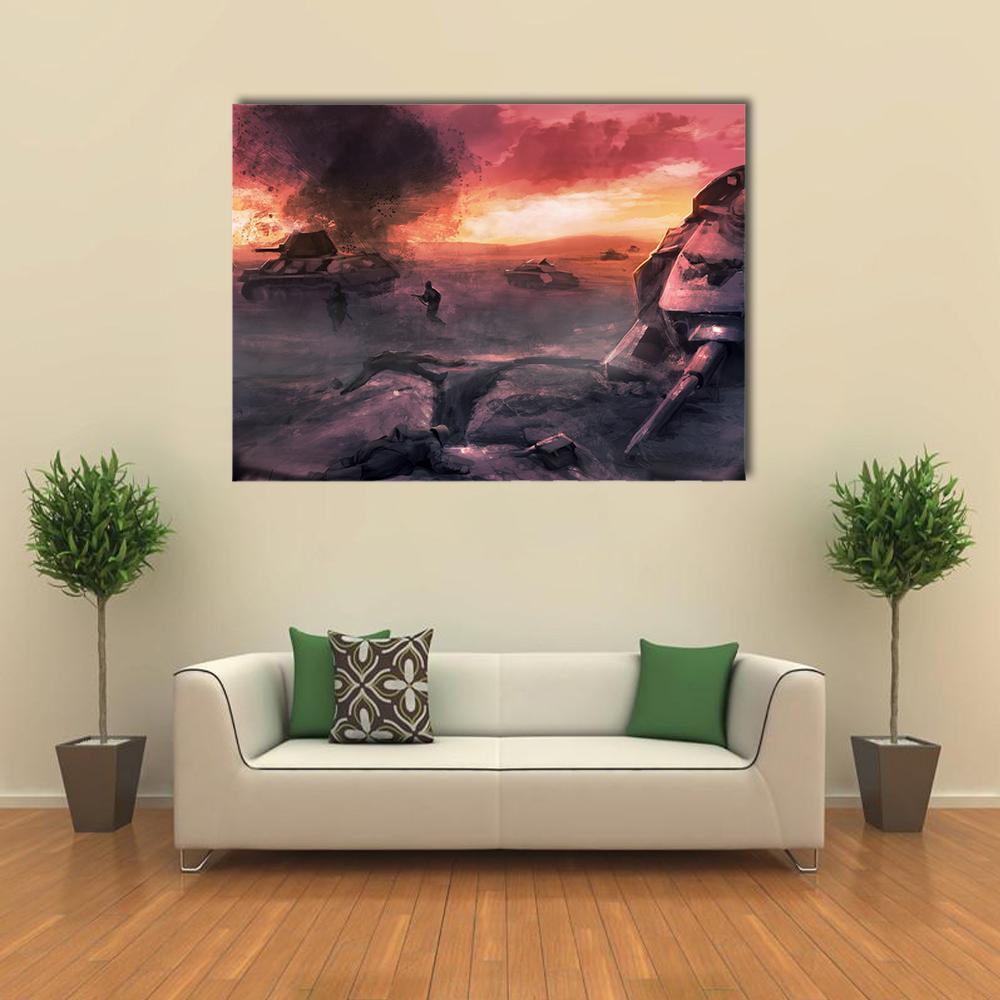 Tank Battle at Sunset Canvas Wall Art in red, orange and purple, single panel hung on a wall