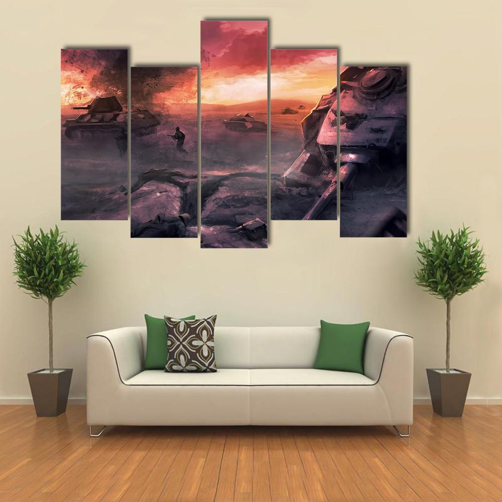 Tank War Battle Canvas Wall Art-5 Pop-Gallery Wrap-47" x 32"-Tiaracle