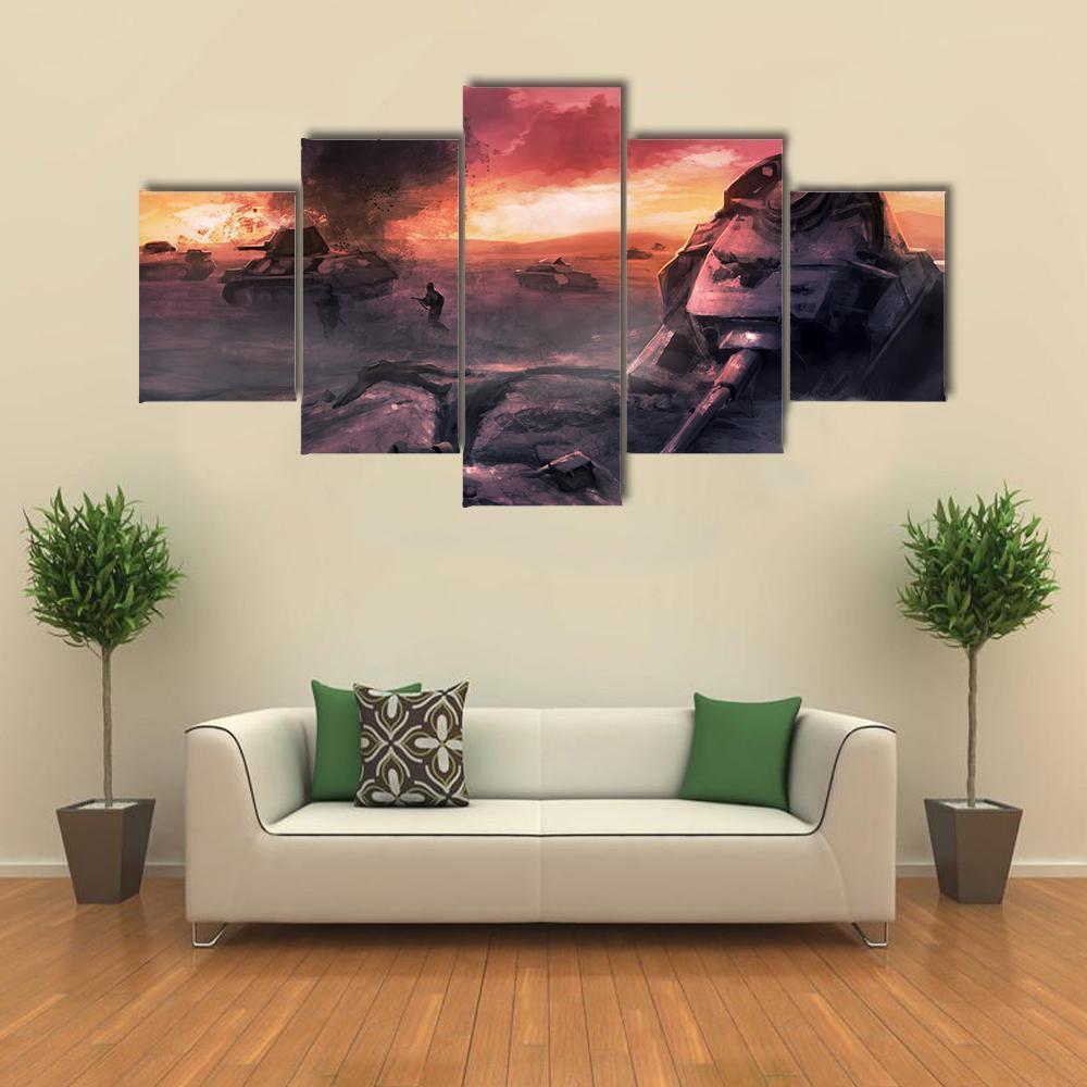 Tank War Battle Canvas Wall Art-5 Star-Gallery Wrap-62" x 32"-Tiaracle