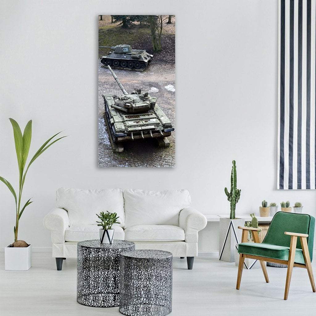 Tanks Museum Vertical Canvas Wall Art in gray and green, single vertical panel hung on a wall