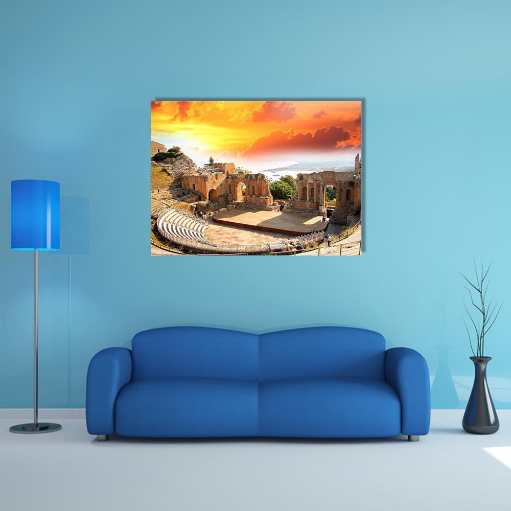 Taormina Amphitheater at Sunset Canvas Wall Art in brown, orange and yellow, single panel hung on a wall