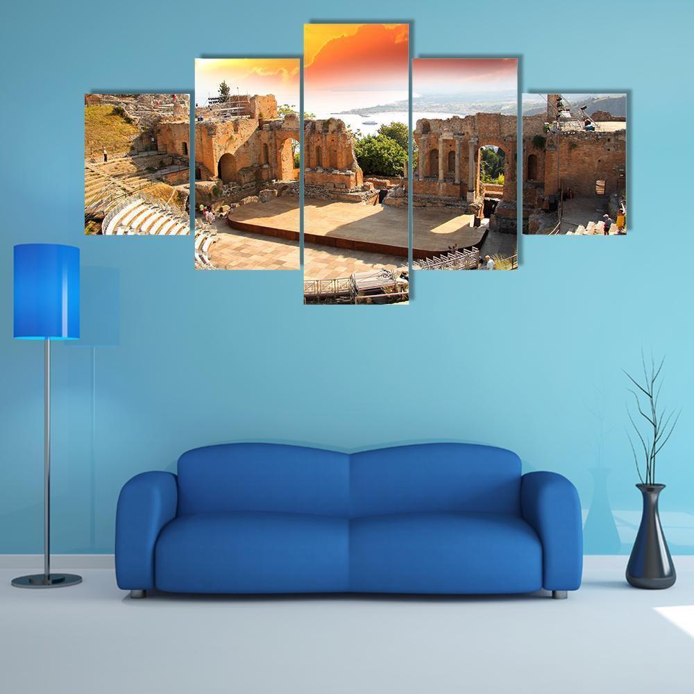 Taormina Amphitheater at Sunset Canvas Wall Art in brown, orange and yellow, 5 panel Star layout hung on a wall