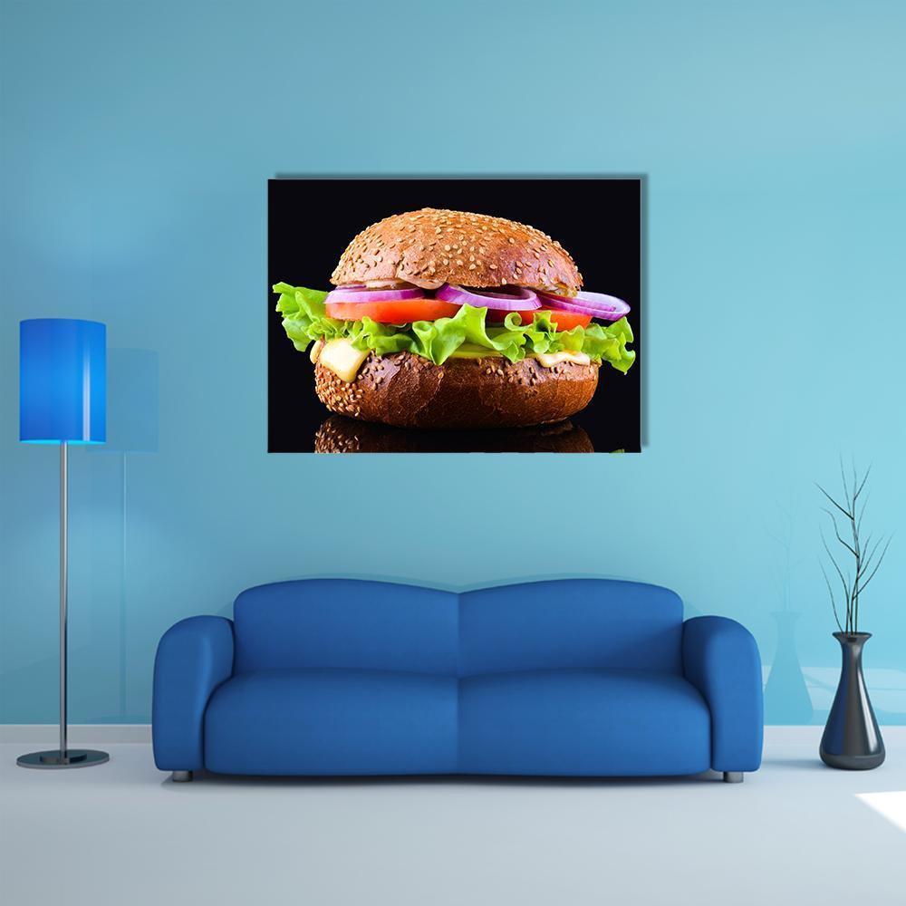 Photorealistic Cheeseburger Close-up Canvas Wall Art in black and brown, single panel hung on a wall