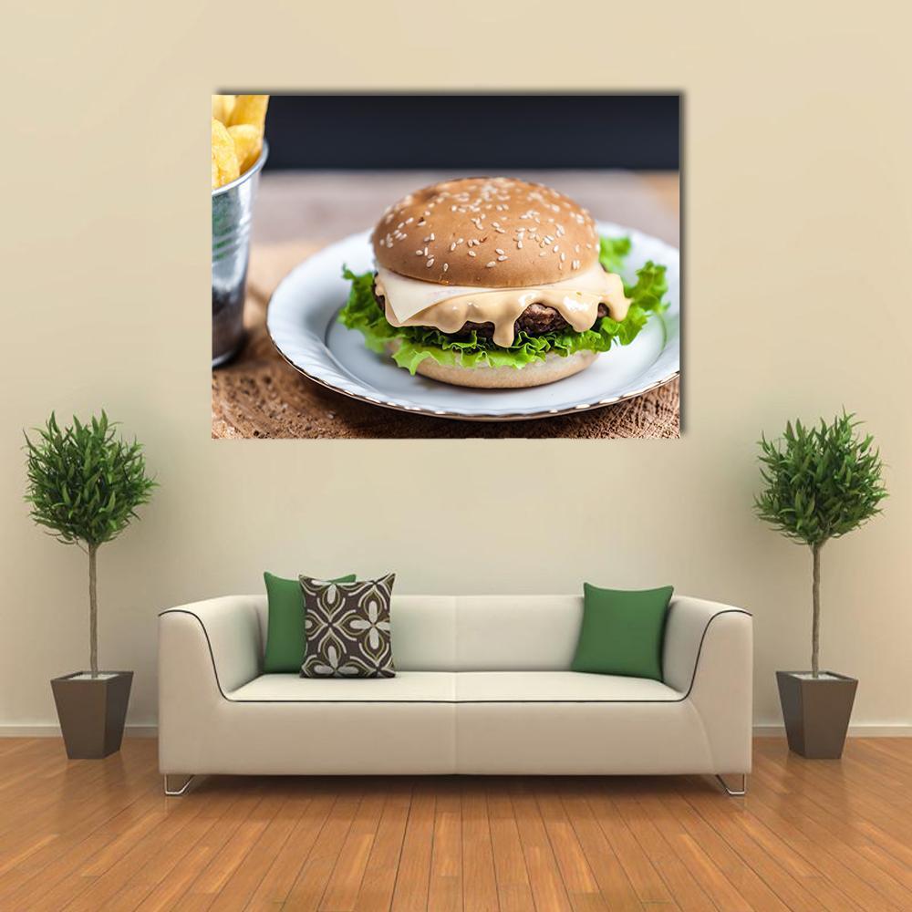 Cheeseburger and Fries on Rustic Table Canvas Wall Art in white, beige and brown, single panel hung on a wall