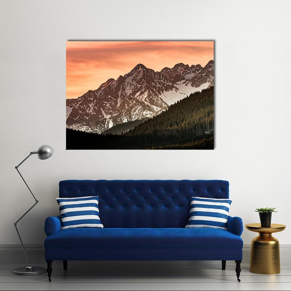 Tatra Mountains Sunset Over Pine Forest Canvas Wall Art in black, brown and orange, single panel hung on a wall