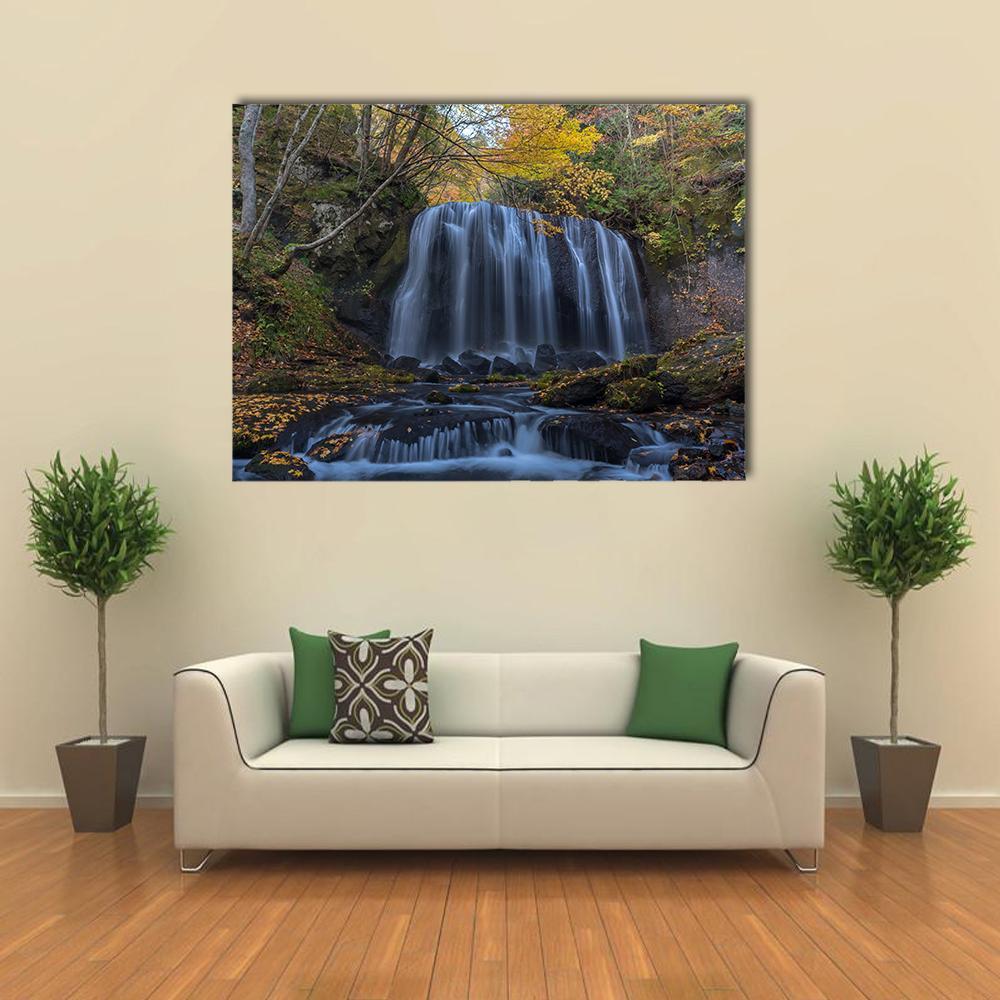 Tatsuzawafudo Waterfall Canvas Wall Art in black, green and blue, single panel hung on a wall
