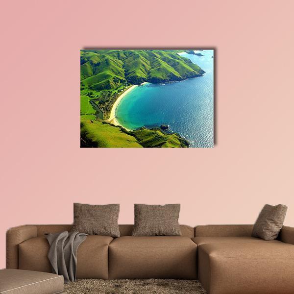 Taupo Bay New Zealand Aerial Landscape Canvas Wall Art in green and blue, single panel hung on a wall