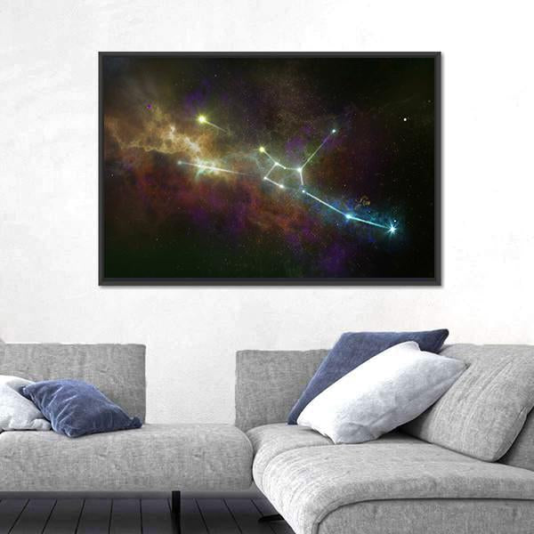Taurus Constellation Nebula Canvas Wall Art in black, gold and purple, framed canvas, product view on a white background