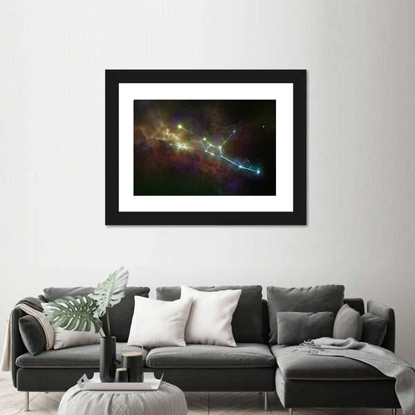 Taurus Constellation Nebula Canvas Wall Art in black, gold and purple, framed print, product view on a white background