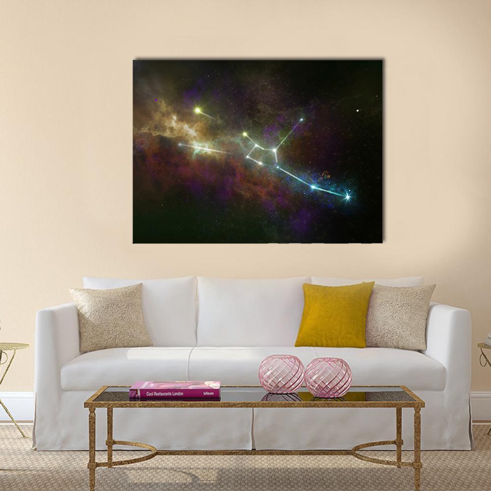 Taurus Constellation Canvas Wall Art in black, gold and multicolor, single panel hung on a wall