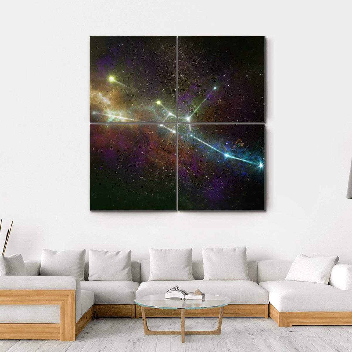 Taurus Constellation Nebula Canvas Wall Art in black, gold and purple, hung on a wall