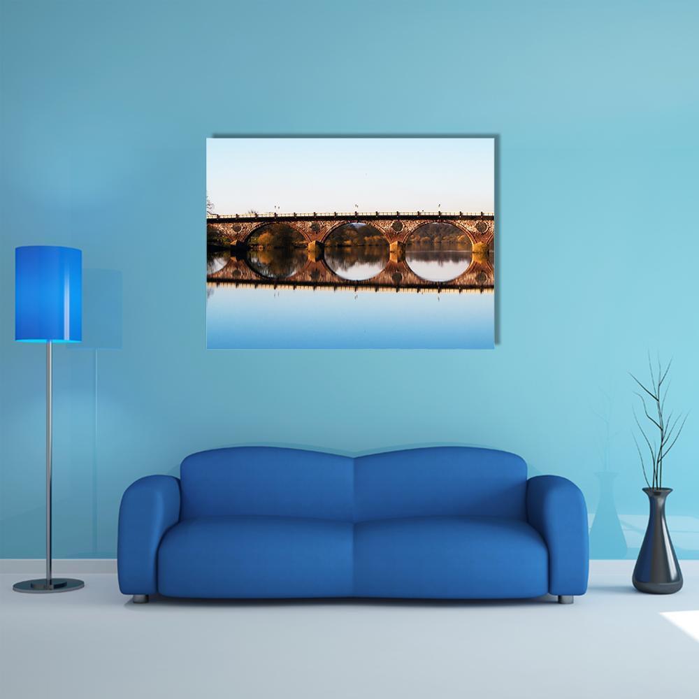 Tay Bridge in Perth Canvas Wall Art in white, brown and blue, single panel hung on a wall
