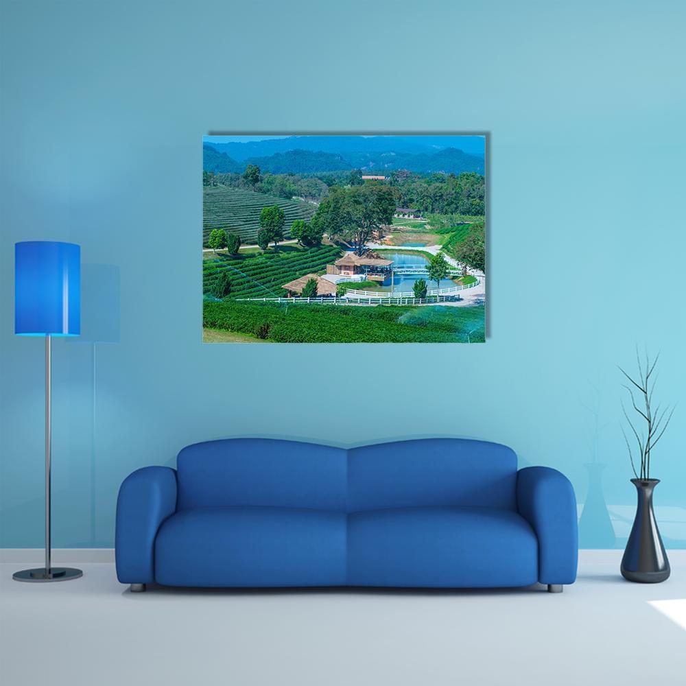 Tea Plantation in Chiang Rai Canvas Wall Art in green and blue, single panel hung on a wall